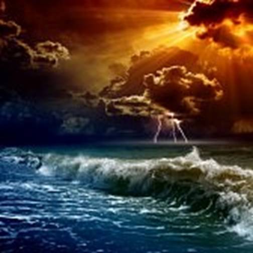 stormy sea : Nature force background - lightnings in dark red sunset sky, stormy sea Stock Photo